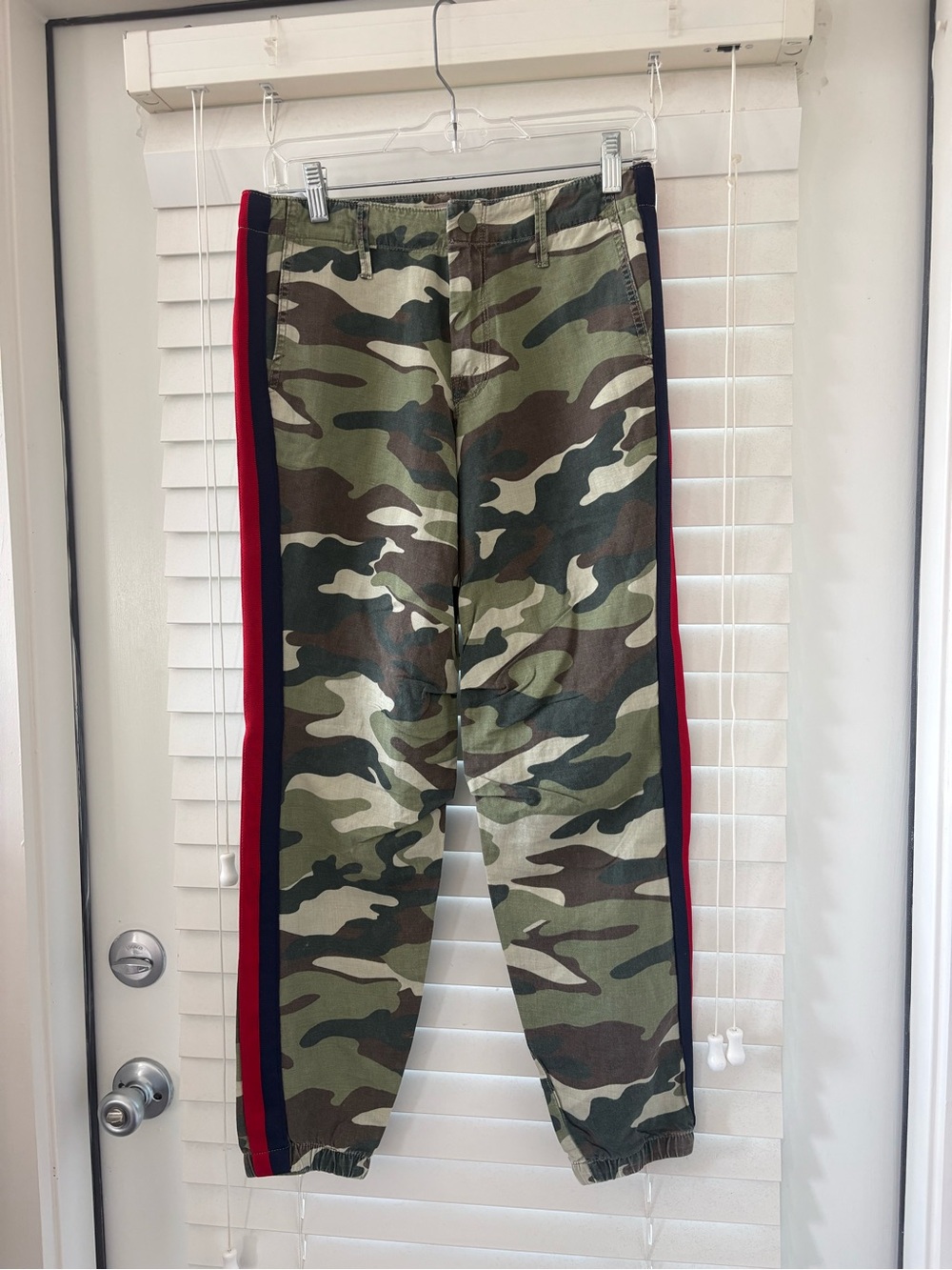 MOTHER womens Olive Camo Cargo Pants with Red & Black Side Stripes